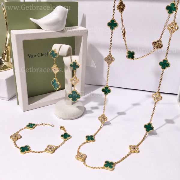 Replica Van Cleef Arpels Vintage Alhambra With Diamonds Malachite Set (3pcs)