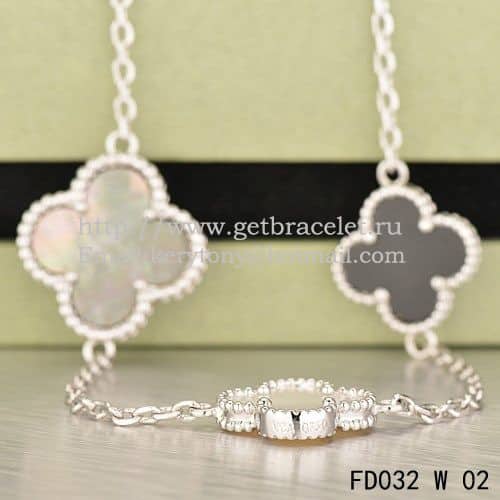 Van Cleef & Arpels Magic Alhambra Necklace White Gold 16 Motifs With Black Agate White Gray Mother Of Pearl