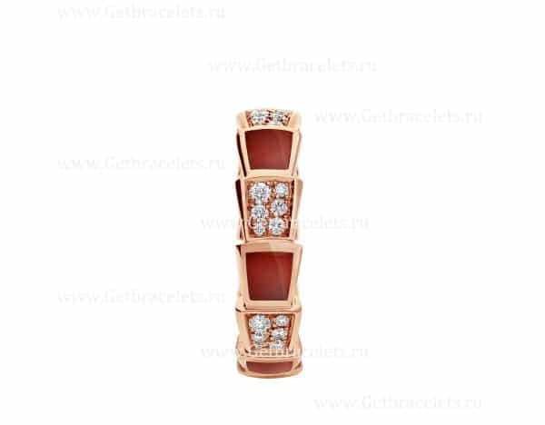 Medium Serpenti Viper 18k Rose Gold Ring with Carnelian Elements and Pave Diamonds
