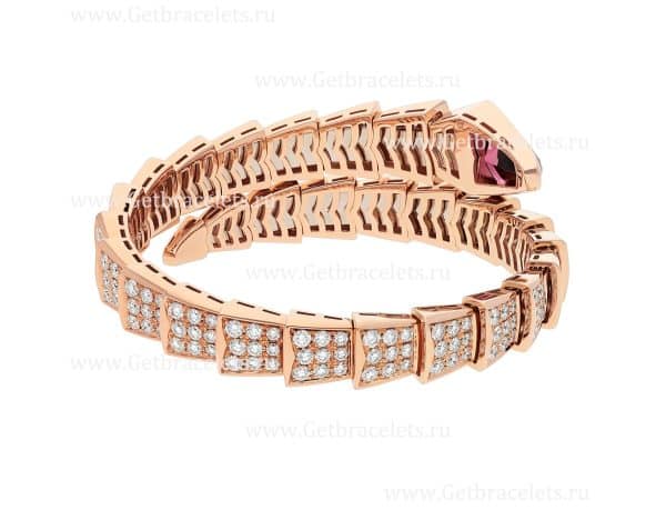 Serpenti Viper One-coil Bracelet in 18K Rose Gold With Full Pave Diamonds and a Rubellite on the Head