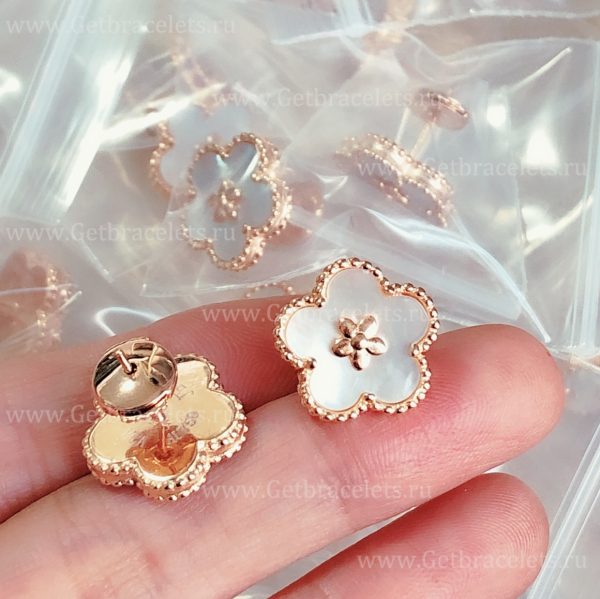 New Replica Van Cleef Arpels Lucky Spring Long Earrings Plum Blossom Rose Gold Mother-of-pearl