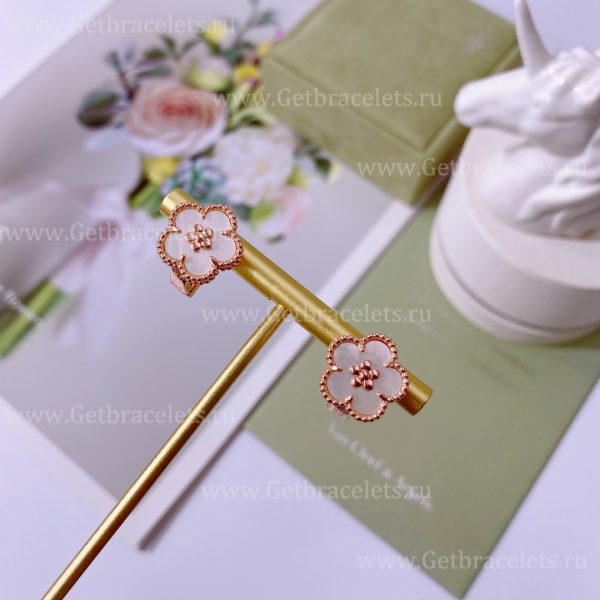 New Replica Van Cleef Arpels Lucky Spring Long Earrings Plum Blossom Rose Gold Mother-of-pearl