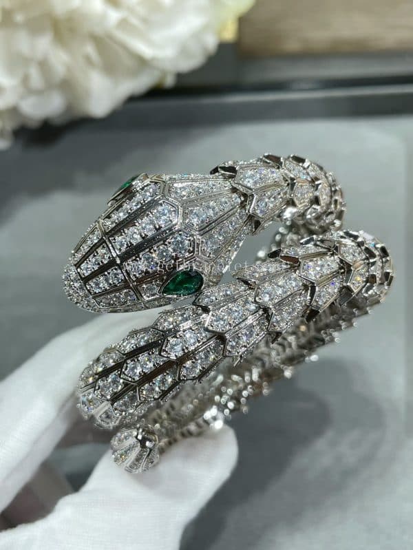 Serpenti Large Emerald and Diamond Bracelet White Gold