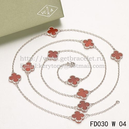 Van Cleef & Arpels Vintage Alhambra Necklace White Gold 10 Motifs With Carnelian Mother Of Pearl