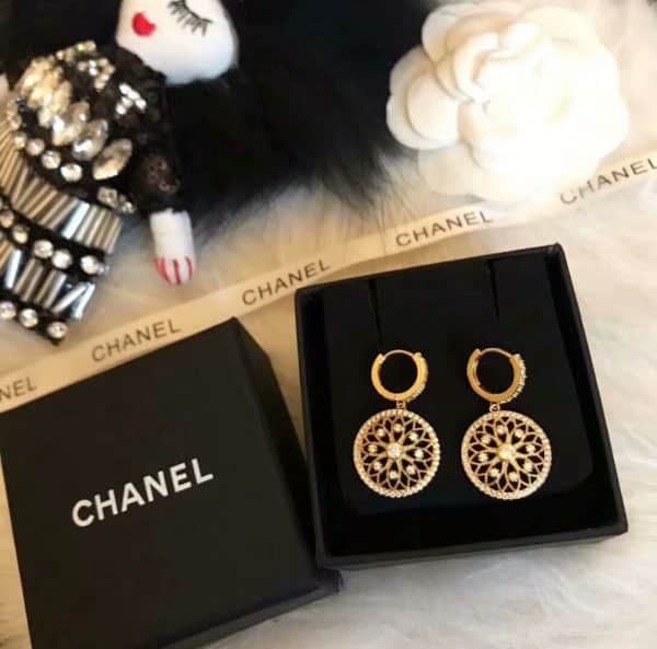 Christian Dior Vintage Openwork Brass Flower Design Pendant Ladies Premium replica Diamonds Compass Hoop Earrings