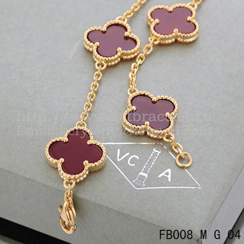 Van Cleef & Arpels Vintage Alhambra Bracelet 5 Motifs Yellow Gold With Carnelian Mother Of Pearl