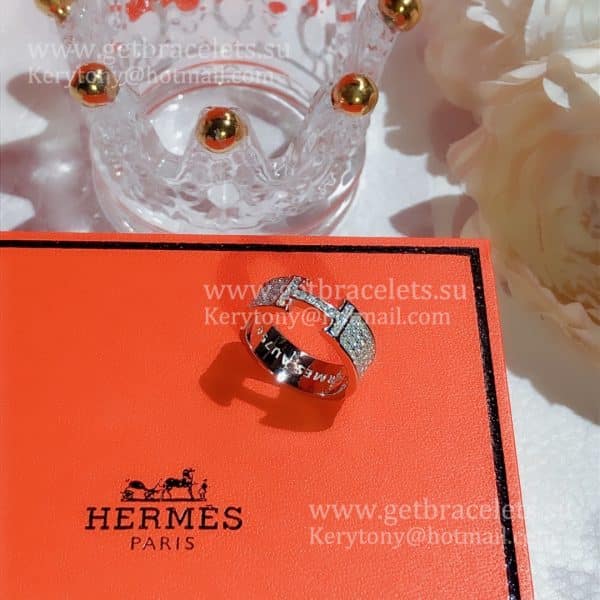 Hermes H LOGO Ring White Gold With Pave Diamonds Newest Design Women Jewelry