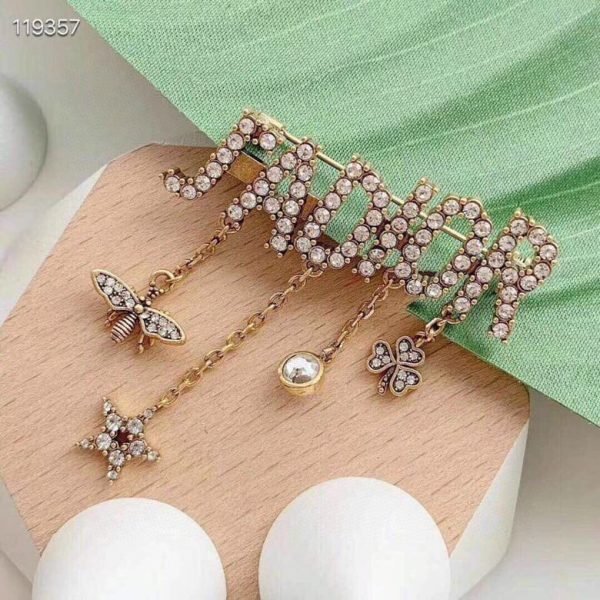 2021 Christian Dior Paved Diamonds J’ADIOR Motif Bee Star Clover Pendants Females Antique Gold-finish Metal Crystal Brooch