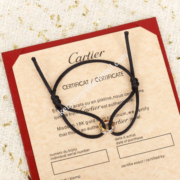 Unique Style Cartier Trinity Black Rope Bracelet White Gold/Yellow God/Rose Gold B6016700 Premium replica