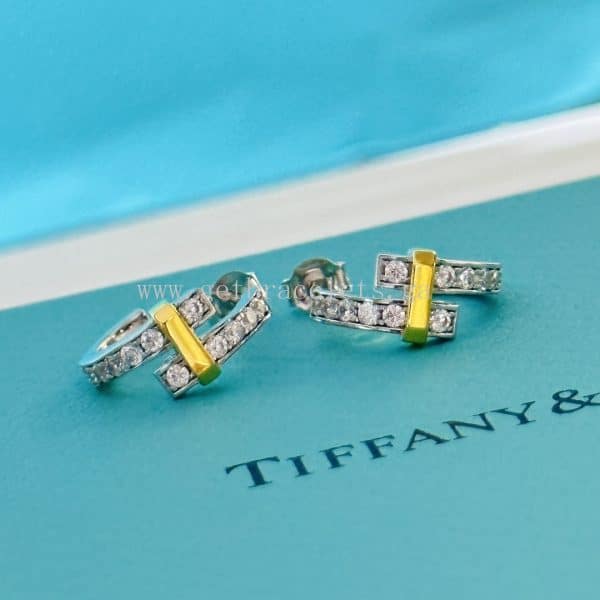 Tiffany Edge Hoop Earrings in White Gold and Yellow Gold with Diamonds