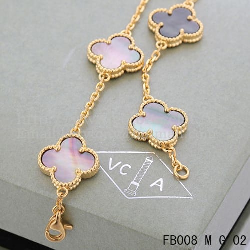 Van Cleef & Arpels Vintage Alhambra Bracelet 5 Motifs Yellow Gold With Gray Mother Of Pearl