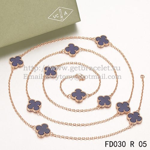 Van Cleef & Arpels Vintage Alhambra Necklace Pink Gold 10 Motifs With Lapis Stone Mother Of Pearl