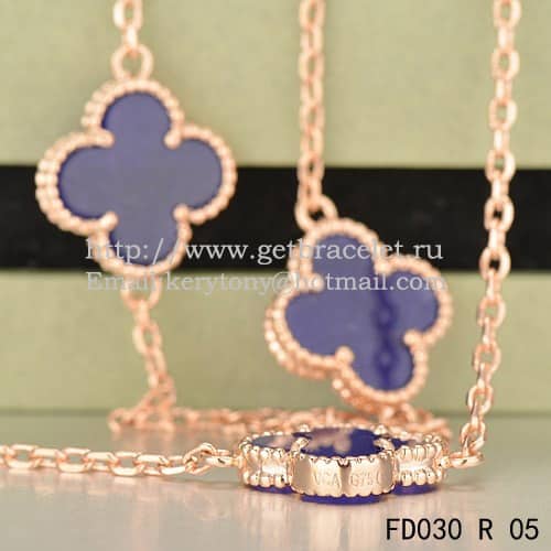 Van Cleef & Arpels Vintage Alhambra Necklace Pink Gold 10 Motifs With Lapis Stone Mother Of Pearl