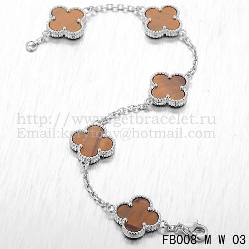 Van Cleef & Arpels Vintage Alhambra Bracelet 5 Motifs White Gold With Tiger’s Eye Mother Of Pearl