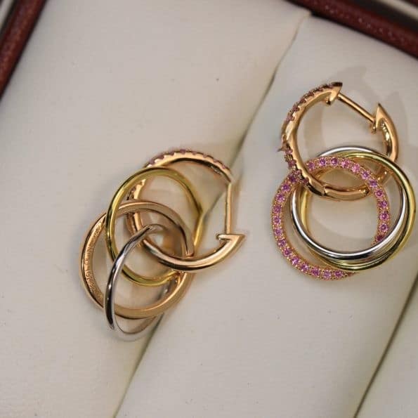 Premium replica Cartier Trinity Earrings White Gold/Yellow Gold with Pink Diamonds Best Gift