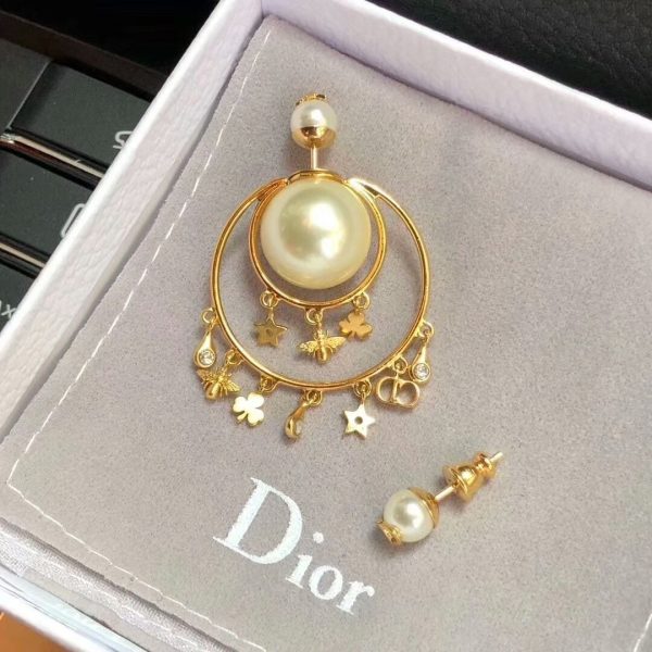 High Quality Dior Tribales Yellow Gold Flower/Bee/Star/CD Pendants Females Asymmetry Pearl Earrings E0955TRIRS_D301