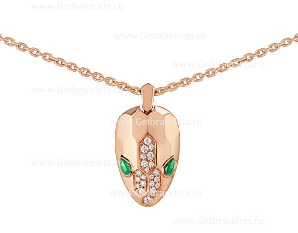 Serpenti Necklace 18K Rose Gold Chain and Pendant with Malachite Eyes and Demi Pave Diamonds