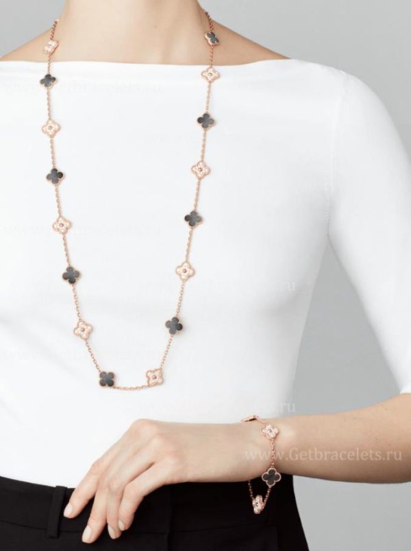 Replica Van Cleef Arpels Vintage Alhambra Long Necklace 20 Motifs Gray Mother-of-pearl With Diamonds