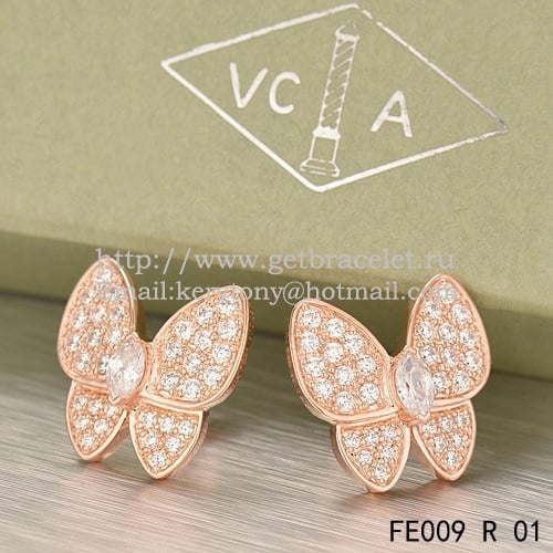 Van Cleef & Arpels Flying Two Butterflies Earrings Pink Gold With Pave Diamond