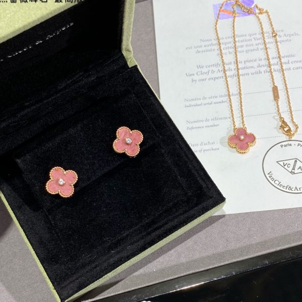 New Style VCA Vintage Alhambra Pendant and Earrings Champagne Gold With Diamond and Rhodonite For Best Gift Girls