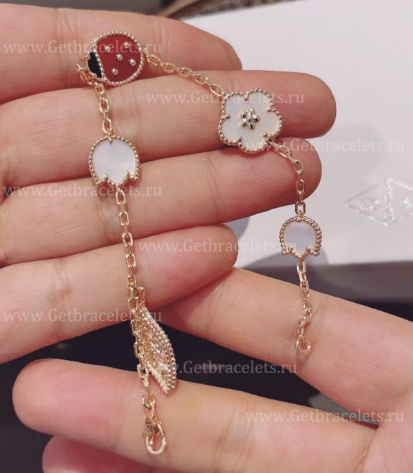 New Replica Van Cleef Arpels Lucky Spring Long Bracelet Rose Gold Carnelian and Mother-of-pearl Onyx 5 Motifs