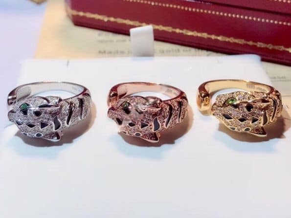 High End Panthere de Cartier Ring White Gold/Yellow Gold/Rose Emeralds and Onyx With Diamonds For Womens