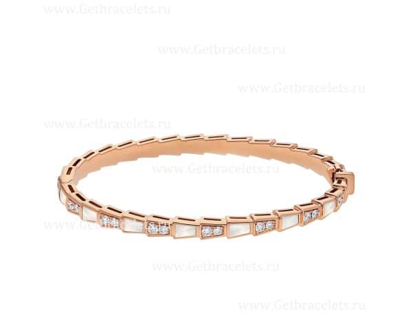 Serpenti Viper 18K Rose Gold thin Bracelet set with Mother of Pearl Elements and Pave Diamonds