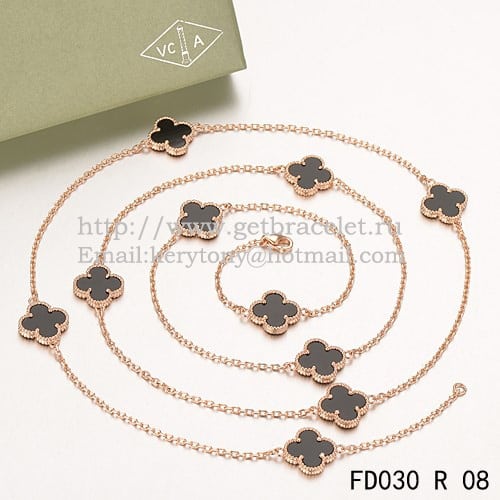 Van Cleef & Arpels Vintage Alhambra Necklace Pink Gold 10 Motifs With Black Agate Mother Of Pearl