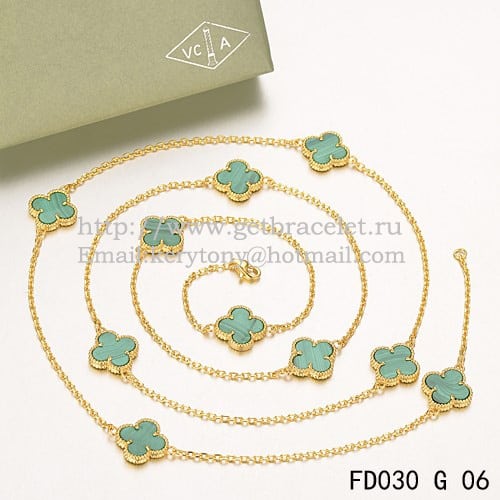 Van Cleef & Arpels Vintage Alhambra Necklace Yellow Gold 10 Motifs With Malachite Mother Of Pearl