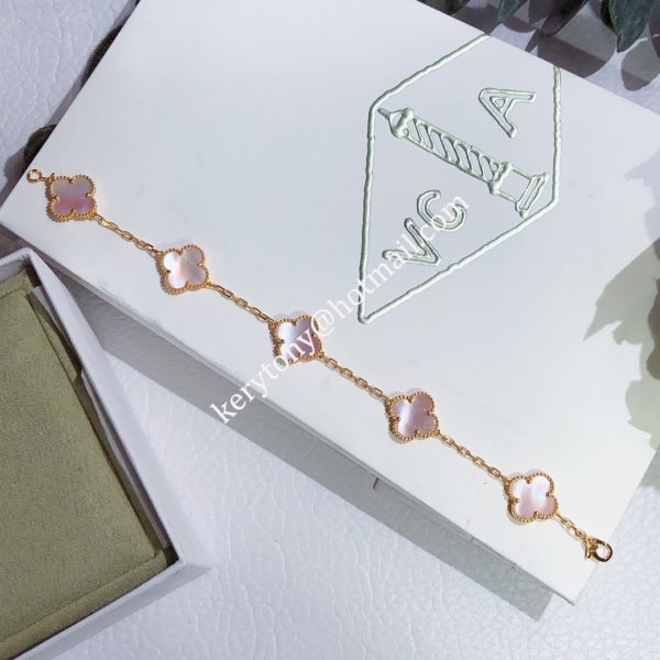 Premium replica Van Cleef Arpels Vintage Alhambra Bracelet 5 Motifs Rose Gold With Pink Mother-of-Pearl Spring