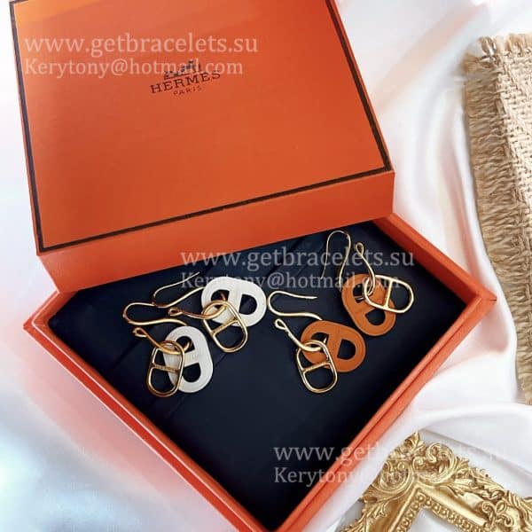 USA Hot Selling Hermes Swift Classic O’Maillon Earrings Yellow Gold With Leather Onange/White