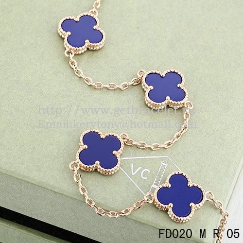 VCA Vintage Alhambra Necklace Pink Gold 10 Motifs Lapis Stone Mother of Pearl 45cm