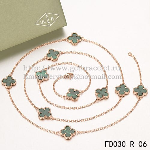 Van Cleef & Arpels Vintage Alhambra Necklace Pink Gold 10 Motifs With Malachite Mother Of Pearl