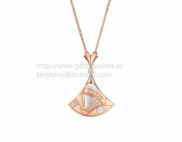Divas’ Dream Sculpting Fan-Shaped Necklace Rose Gold with Mother of Pearl and Pave Diamonds