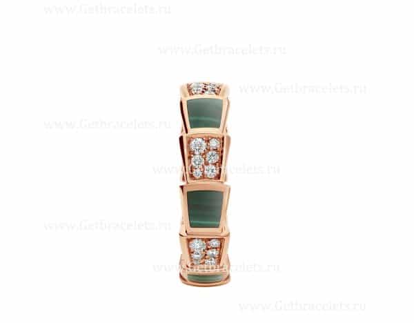 Medium Serpenti Viper 18k Rose Gold Ring with Malachite Elements and Pave Diamonds