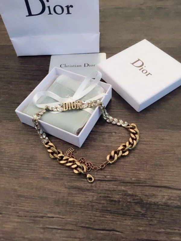Spring Hot Selling Dior DIOR Logo Charm Thick Chain Marquise Diamond Females Antique Brass White Crystal Faux Necklace