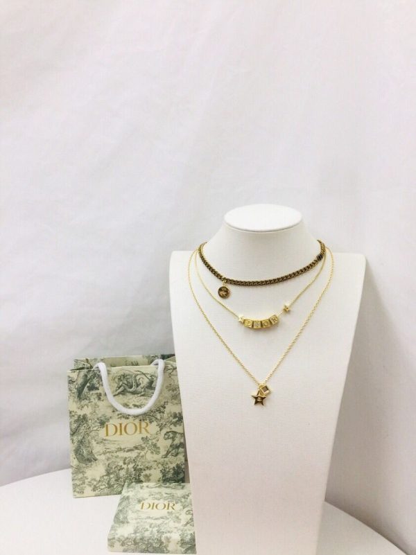 Best Price Christian Dior Lucky Square Pendants Logo Charm Women’s Fashion Brass Star Faux Multi-chain Necklace