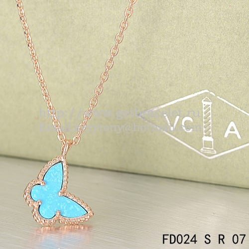 Van Cleef Arpels Lucky Alhambra Butterfly Necklace Pink Gold With Turquoise Mother Of Pearl