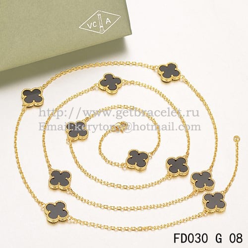 Van Cleef & Arpels Vintage Alhambra Necklace Yellow Gold 10 Motifs With Black Agate Mother Of Pearl