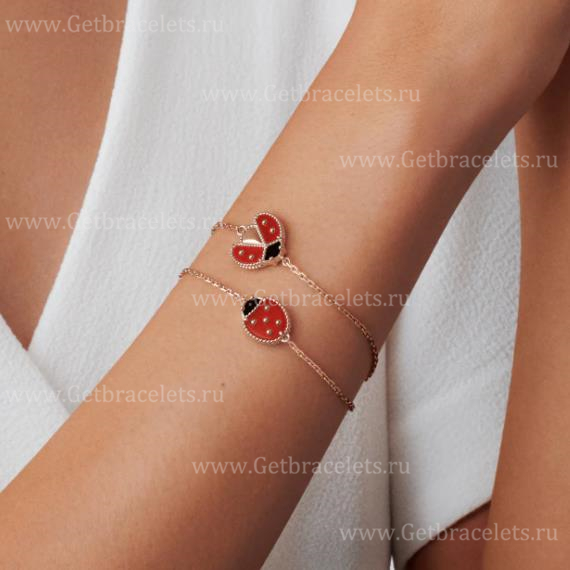 New Replica Van Cleef Arpels Lucky Spring Long Bracelet Closed Wings Ladybug Rose Gold Carnelian Onyx