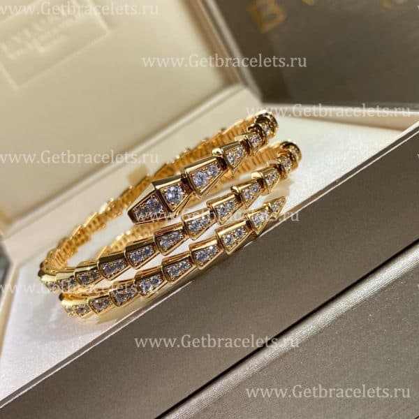 Serpenti Viper Two-Coil 18K Yellow Gold Bracelet set with Pave Diamonds