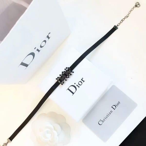 2019 Women’s Winter Latest Dio(R)Evolution Black Gros-grain Ribbon Black Logo Diamonds Style Choker Necklace Replica
