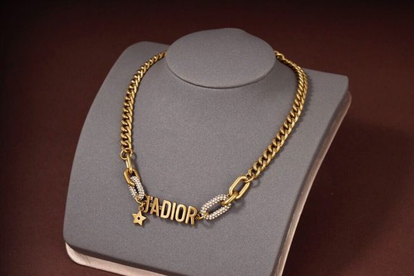 Celebrity Same Christian Dior Classic Antique Brass J’ADIOR Motif Paved Diamonds Circle Thick Chain Necklace For Ladies