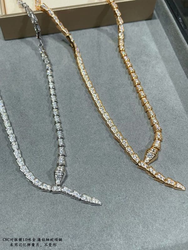 Serpenti Viper Slim Necklace with Full Pave Diamonds White Gold/Rose Gold