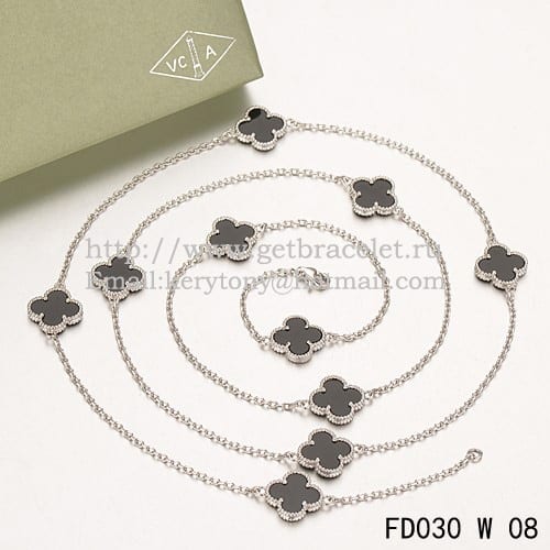 Van Cleef & Arpels Vintage Alhambra Necklace White Gold 10 Motifs With Black Agate Mother Of Pearl