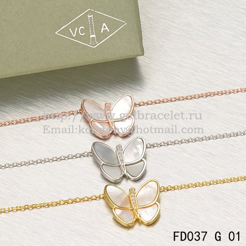 Van Cleef & Arpels Flying Butterfly Pendant Necklace Yellow Gold With White Mother Of Pearl Diamonds