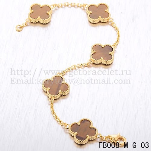 Van Cleef & Arpels Vintage Alhambra Bracelet 5 Motifs Yellow Gold With Tiger’s Eye Mother Of Pearl