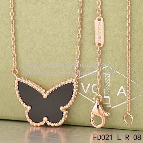 Van Cleef Arpels Lucky Alhambra Butterfly Pendant Pink Gold With Black Onyx Mother Of Pearl