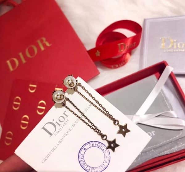 Spring/Fall Dior Brass Star Tassel CD Motif Womens White Pearl Long Drop Earrings Online Replica