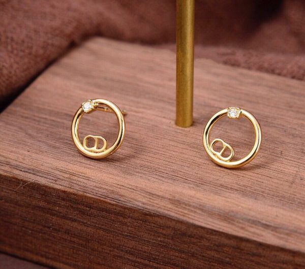 Women’s Simple Style Christian Dior CD Logo Motif Single Crystal Yellow Gold Plated Circle Stud Earrings Fashion Jewellery